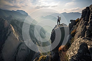 outdoorsman scaling the side of a towering mountain, with breathtaking view in the background photo