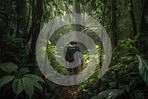 outdoorsman trekking through jungle, surrounded by lush greenery