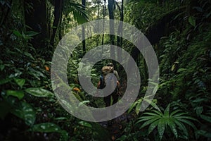 outdoorsman trekking through jungle, surrounded by lush greenery