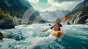 Outdoorsy Kayaker Paddling The Rapids of A Beautiful Mountain River Rapids. Generative AI