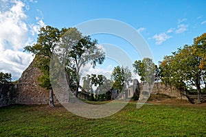Outer bailey of a German ruined castle Homburg, autumnal scenery