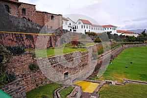 Outer convent of Santo Domingo with gardens and ruins of the Temple of Qorikancha (Coricancha), Cusco City, Peru