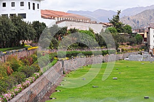 Outer convent of Santo Domingo with gardens and ruins of the Temple of Qorikancha (Coricancha), Cusco City, Peru