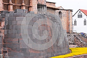 Outer convent of Santo Domingo with gardens and ruins of the Temple of Qorikancha (Coricancha), Cusco City, Peru