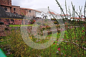 Outer convent of Santo Domingo with gardens and ruins of the Temple of Qorikancha (Coricancha), Cusco City, Peru photo