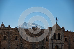 The outer fortress of the Arkadi Orthodox Monastery with the Psilortitis Mountains in the background