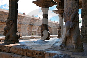 Outer pillars of mandapa supported by squatting yelis , Airavatesvara Temple, Darasuram, Tamil Nadu