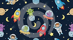 Outer Space Adventures Kids Theme Seamless Pattern High Res Fabric Digital Design