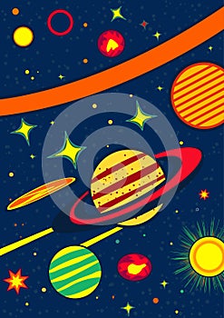 Outer space background. Cosmos scenes with planets, stars, comets. Vector illustration of galaxy.