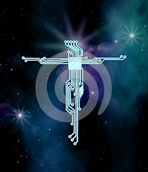 Outer space background.The cross of Jesus Christ in the style of circut electrical diagram.