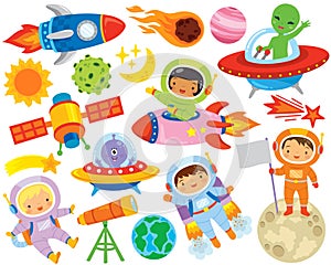 Outer space clipart set with cute cartoons