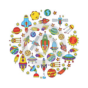 Outer space colorful doodle icons round shape vector set