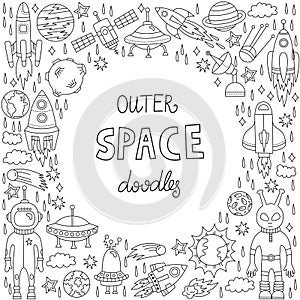 Outer space cosmo doodle icons vector round frame