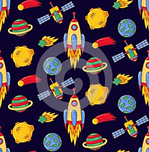 Outer space cosmos rocket planets satellite doodle seamless vector pattern