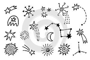 Outer Space cute cosmic hand drawn doodles set.