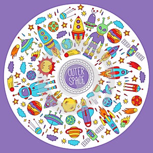 Outer space doodle icons round frame