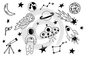 Outer Space Doodle notebook Elements Vector Illustration Set. Vector doodle space object. Hand drawn planets, stars