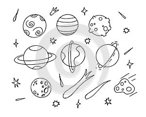 Outer Space Doodle Sketch planets Vector Illustration Set