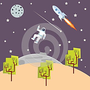 Outer space illustration kids style with spaceman rocket -ship