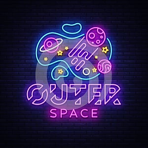 Outer Space neon sign vector. Space Design template neon sign, light banner, neon signboard, nightly bright advertising