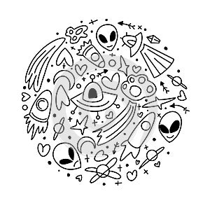 Outer Space Sketch Doodle Set. Space. Set of doodle UFO elements on an isolated background.