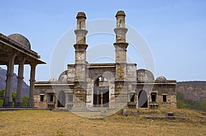 Outer view of Kevada Masjid , has minarets, globe like domes and narrow stairs, Built during the time of Mahmud Begada. UNESCO