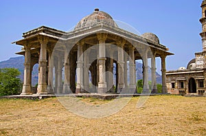 Outer view of Kevada Masjid has minarets, globe like domes and narrow stairs, UNESCO protected Champaner - Pavagadh Archaeologica