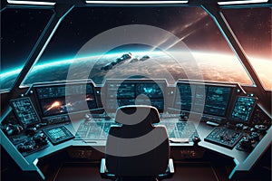 Outer view of spaceship window with control system room.