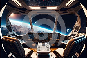 Outer view of spaceship window with control system room.