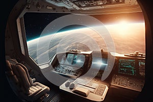 Outer view of spaceship window with control system room.