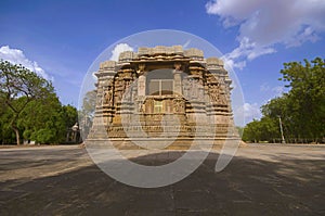 Outer view of the Sun Temple on the bank of the river Pushpavati. Built in 1026 - 27 AD, Modhera village of Mehsana district, Guj