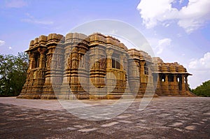 Outer view of the Sun Temple on the bank of the river Pushpavati. Built in 1026 - 27 AD, Modhera village of Mehsana district, Guj