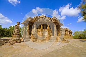 Outer view of the Sun Temple on the bank of the river Pushpavati. Built in 1026 - 27 AD, Modhera village of Mehsana district, Guj