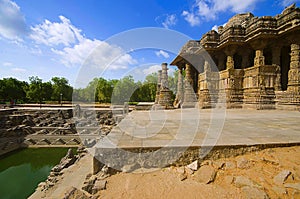 Outer view of the Sun Temple on the bank of the river Pushpavati. Built in 1026 - 27 AD, Modhera village of Mehsana district, Guj