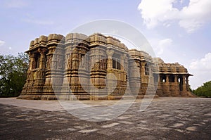 Outer view of the Sun Temple on the bank of the river Pushpavati. Built in 1026 - 27 AD during the reign of Bhima I of the