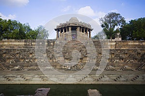 Outer view of the Sun Temple on the bank of the river Pushpavati. Built in 1026 - 27 AD during the reign of Bhima I of the