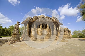 Outer view of the Sun Temple on the bank of the river Pushpavati. Built in 1026 - 27 AD during the reign of Bhima I of the
