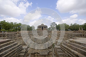 Outer view of the Sun Temple on the bank of the river Pushpavati. Built in 1026 - 27 AD during the reign of Bhima I of the