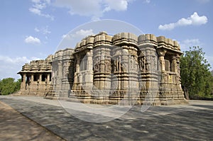 Outer view of the Sun Temple on the bank of the river Pushpavati. Built in 1026 - 27 AD during the reign of Bhima I of the