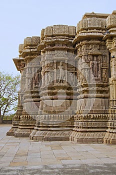 Outer view of the Sun Temple on the bank of the river Pushpavati. Built in 1026 - 27 AD during the reign of Bhima I of the