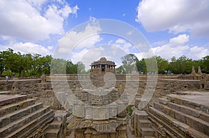 Outer view of the Sun Temple on the bank of the river Pushpavati. Built in 1026 - 27 AD, Modhera village of Mehsana district, Guj