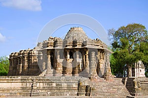 Outer view of the Sun Temple. Built in 1026 - 27 AD during the reign of Bhima I of the Chaulukya dynasty, Modhera, Mehsana, Gujar