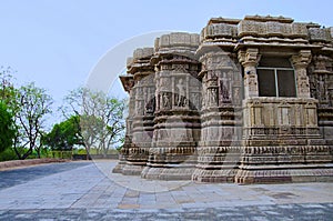 Outer view of the Sun Temple. Built in 1026 - 27 AD during the reign of Bhima I of the Chaulukya dynasty, Modhera, Mehsana, Gujar