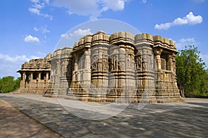 Outer view of the Sun Temple. Built in 1026 - 27 AD during the reign of Bhima I of the Chaulukya dynasty, Modhera, Mehsana, Gujar