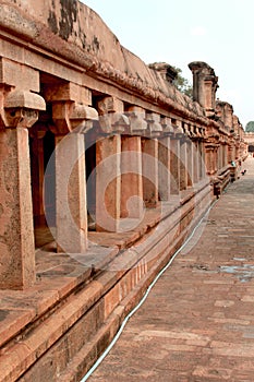 A outer view of surrounded way hall in the ancient Brihadisvara Temple in Thanjavur, india.
