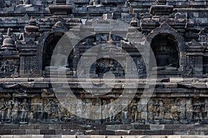 Outer wall detail of Borobudur temple, Java, Indonesia