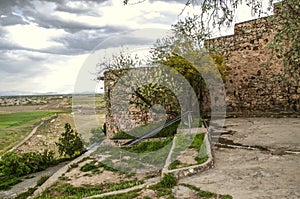 The outer wall of the medieval fortress Khor Virap among flowering trees overlooking the Ararat valley in Armenia