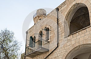 The outer wall of the mosque located on the territory of the grave of the prophet Samuel on Mount of Joy near Jerusalem in Israel