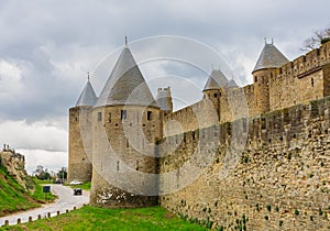 Outer wall and towers of Carcassonne fortification. France