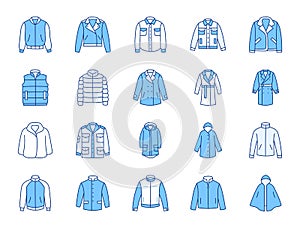 Outerwear clothes doodle illustration including icons - waterproof raincoat, windbreaker, parka, wind cheater, tracksuit